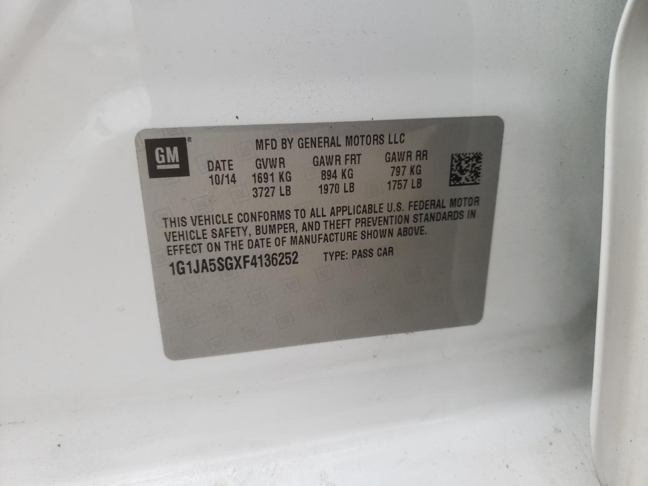 1G1JA5SGXF4136252 2015 Chevrolet Sonic Ls