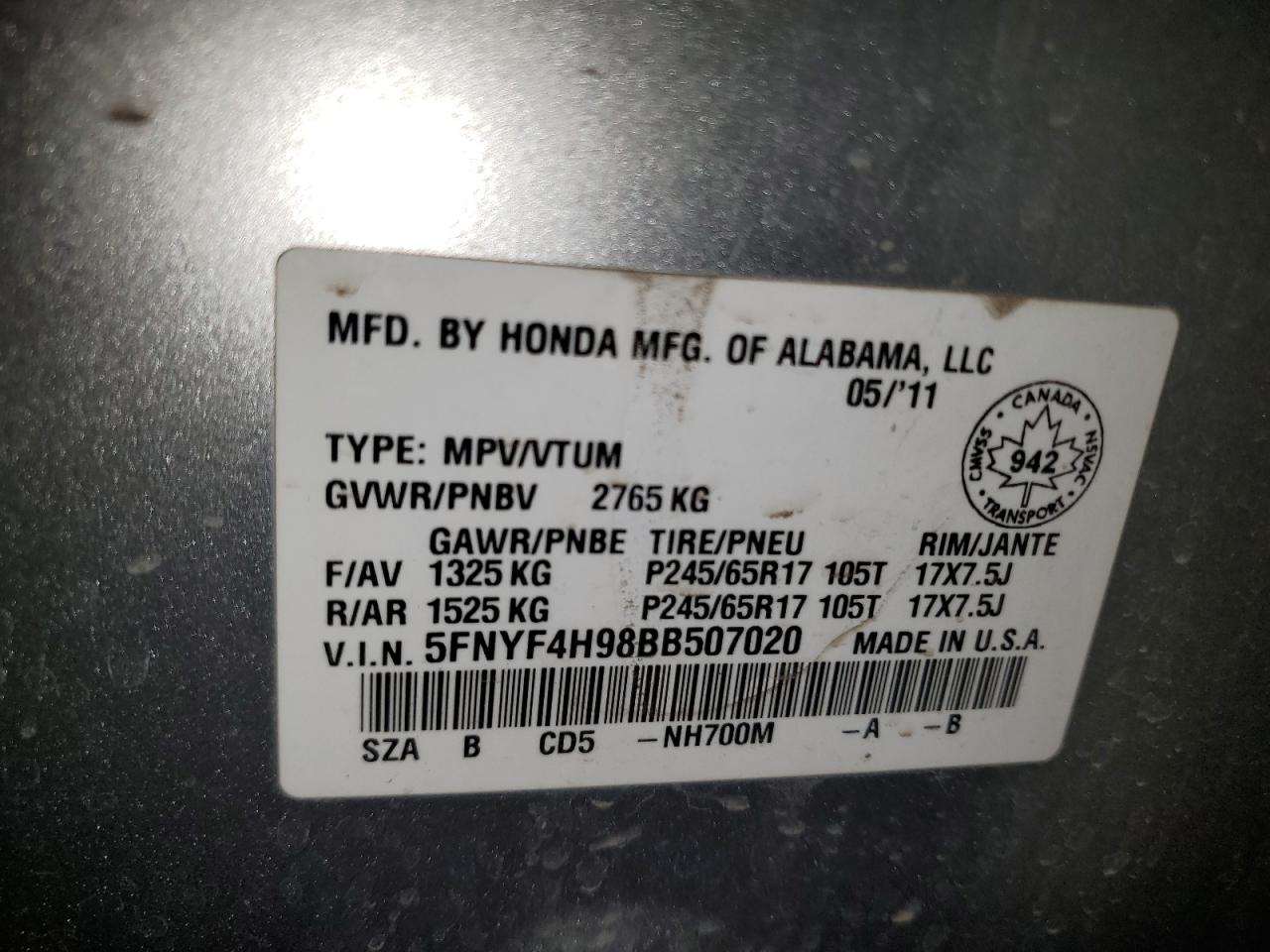 5fnyf4h98bb507020 5FNYF4H98BB507020 2011 Honda Pilot Touring