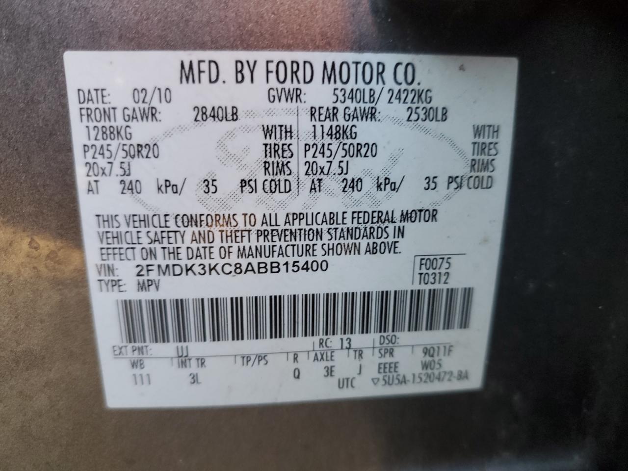 2FMDK3KC8ABB15400 2010 Ford Edge Limited