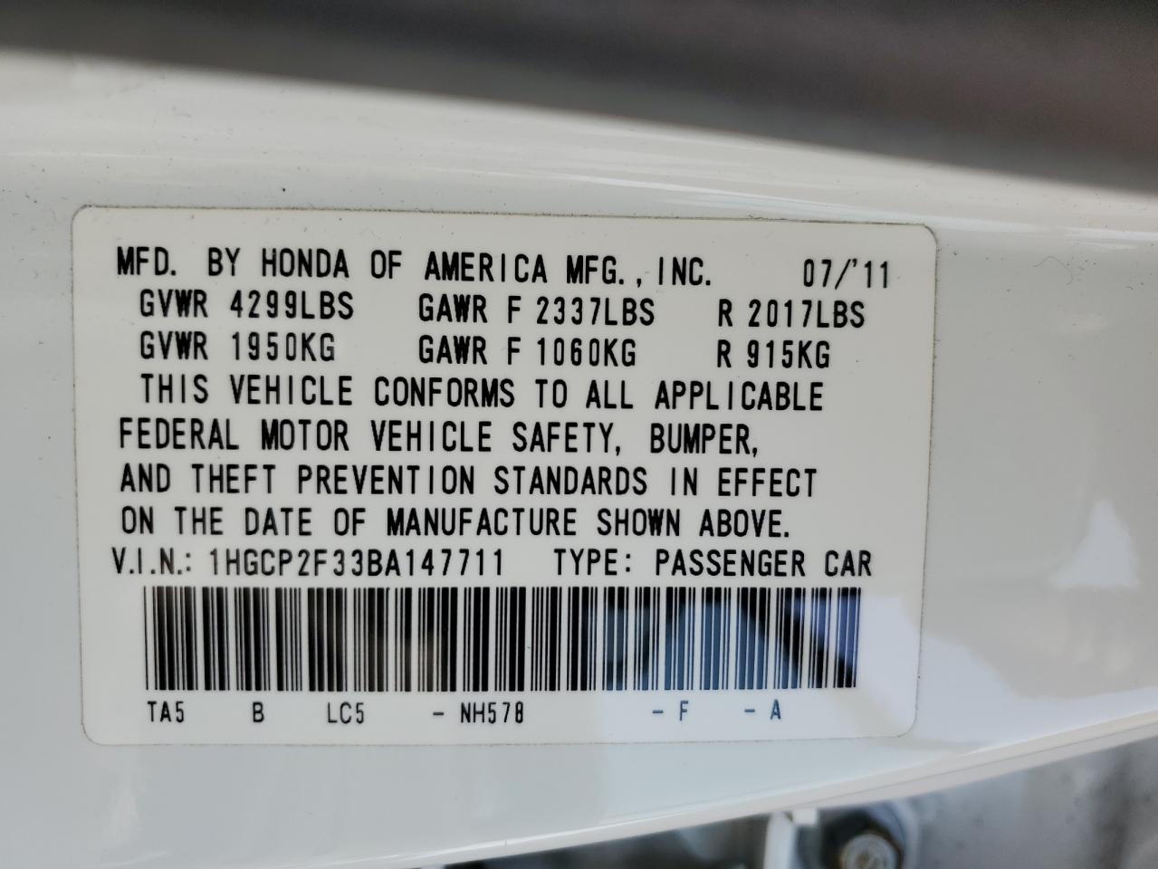 1HGCP2F33BA147711 2011 Honda Accord Lx