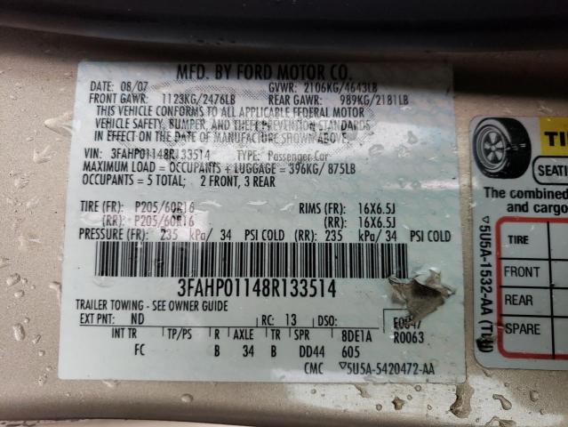 2008 Ford Fusion Se VIN: 3FAHP01148R133514 Lot: 62711254