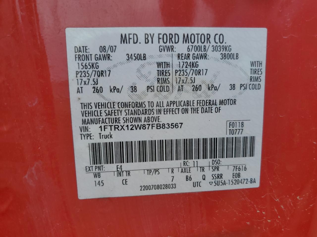 1FTRX12W87FB83567 2007 Ford F150