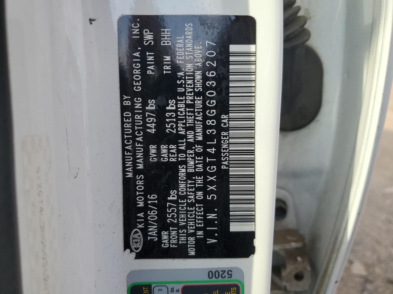 5XXGT4L38GG036207 2016 Kia Optima Lx