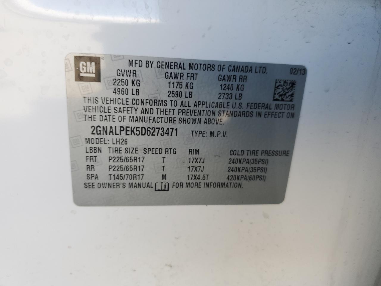 2GNALPEK5D6273471 2013 Chevrolet Equinox Lt