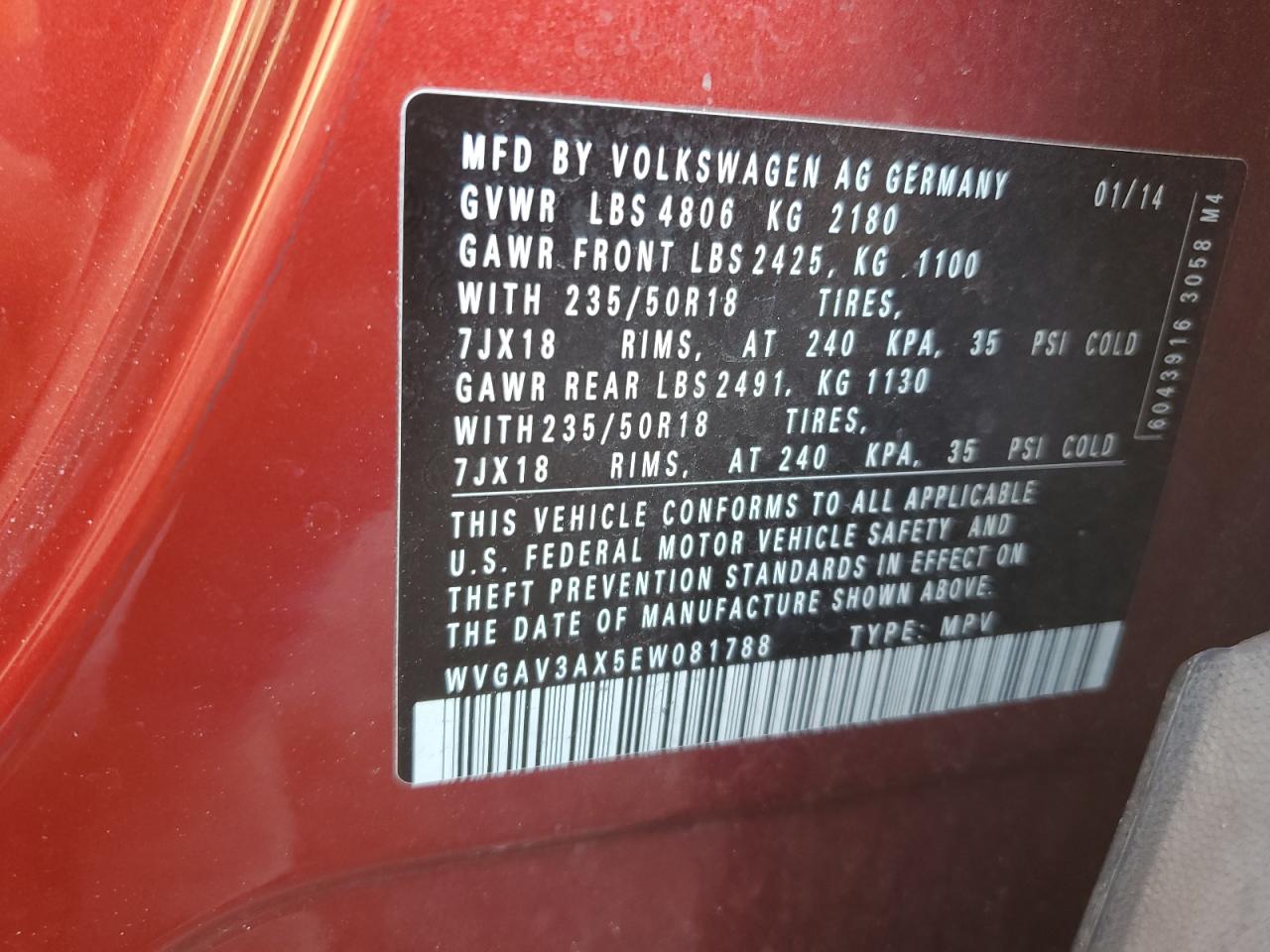 WVGAV3AX5EW081788 2014 Volkswagen Tiguan S