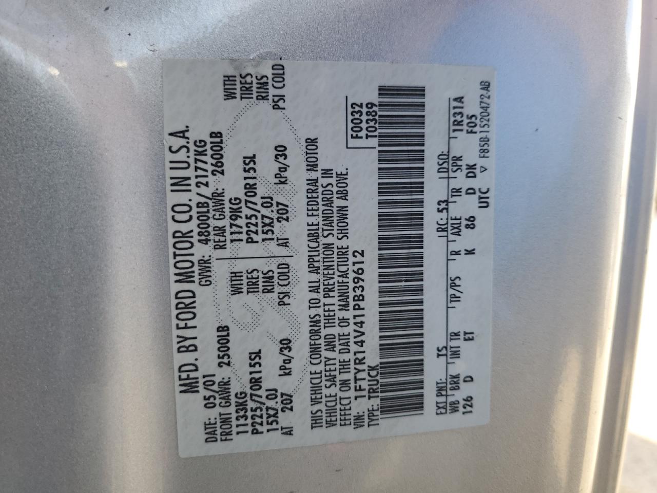 1FTYR14V41PB39612 2001 Ford Ranger Super Cab