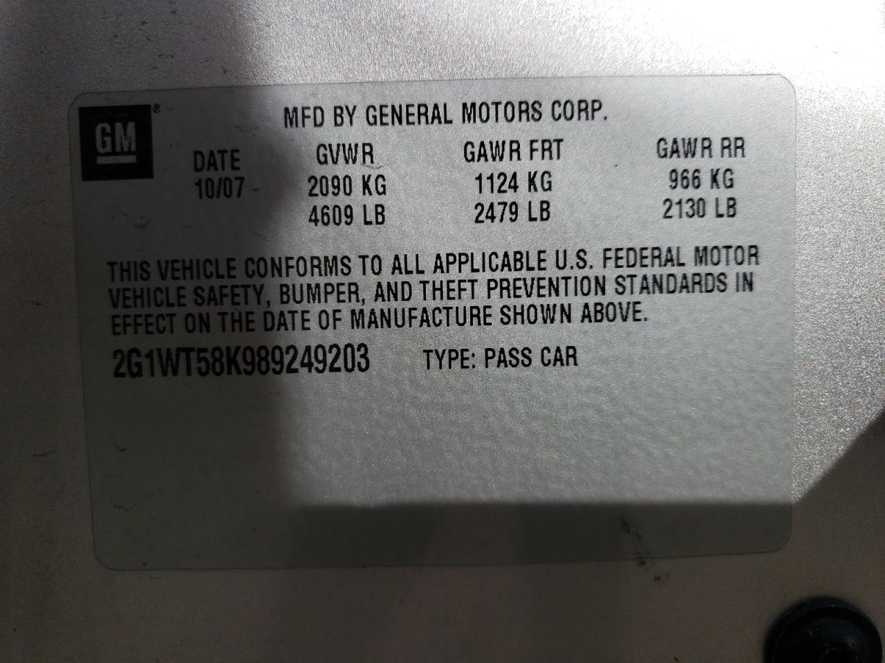 2G1WT58K989249203 2008 Chevrolet Impala Lt