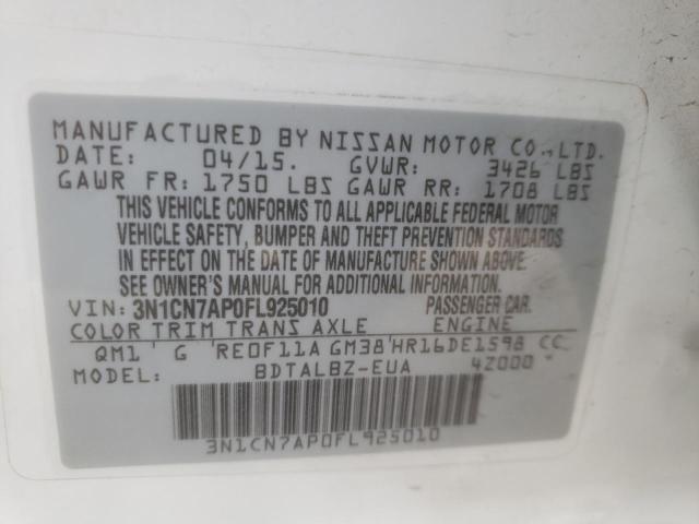 2015 NISSAN VERSA S 3N1CN7AP0FL925010
