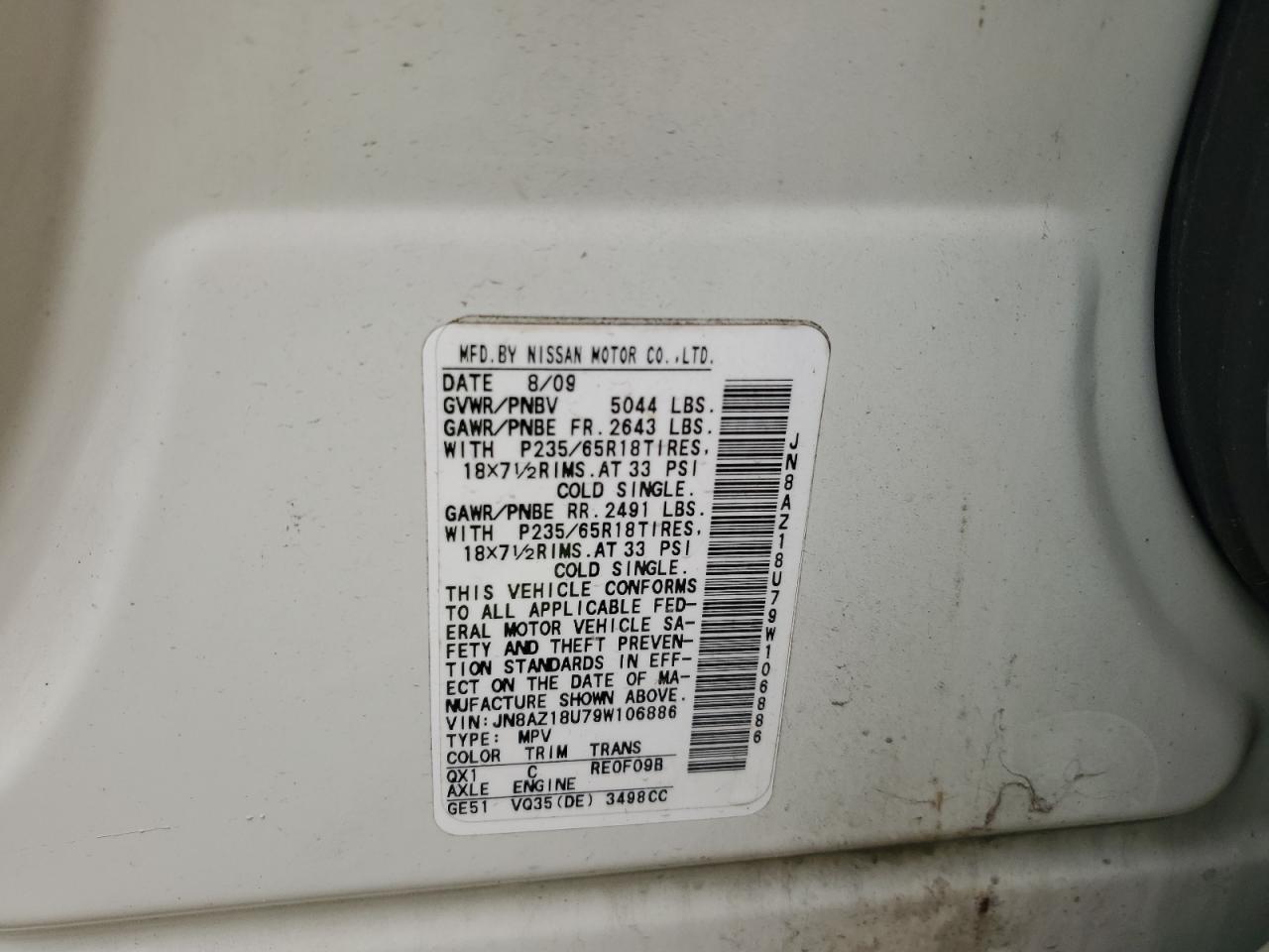 JN8AZ18U79W106886 2009 Nissan Murano S