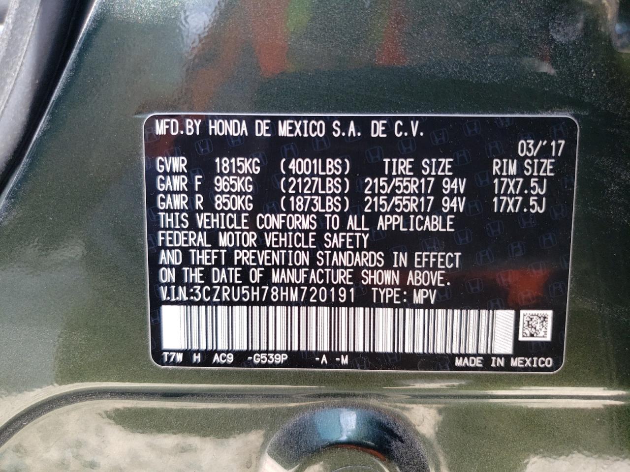3czru5h78hm720191 3CZRU5H78HM720191 2017 Honda Hr-V Exl