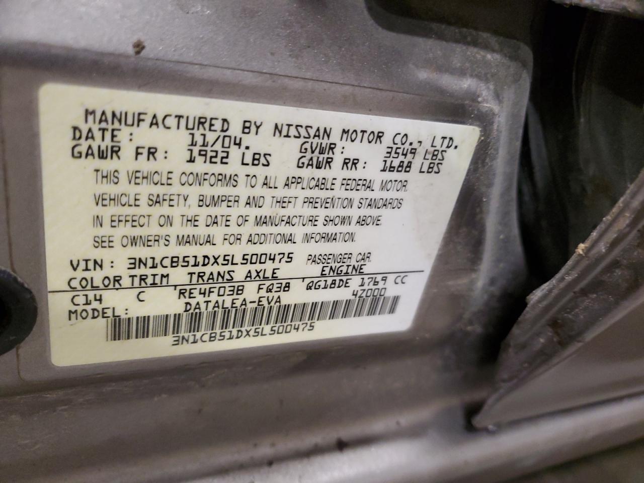 3N1CB51DX5L500475 2005 Nissan Sentra 1.8