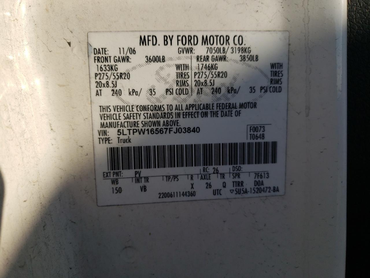 5LTPW16567FJ03840 2007 Lincoln Mark Lt