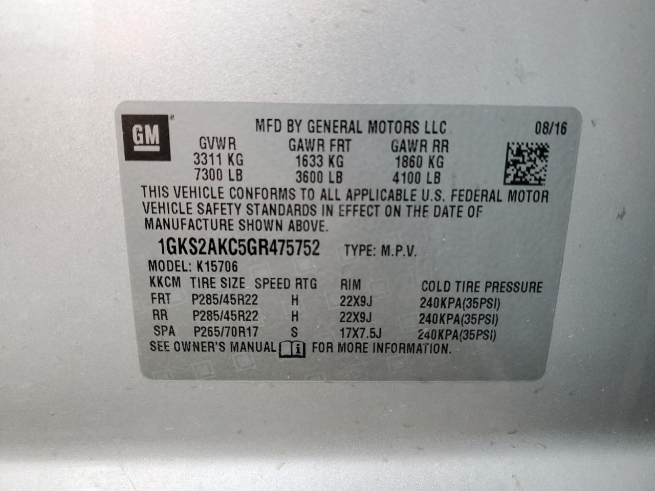 1GKS2AKC5GR475752 2016 GMC Yukon Sle