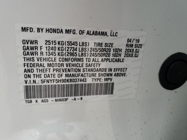 2019 HONDA PILOT TOUR 5FNYF5H90KB037443