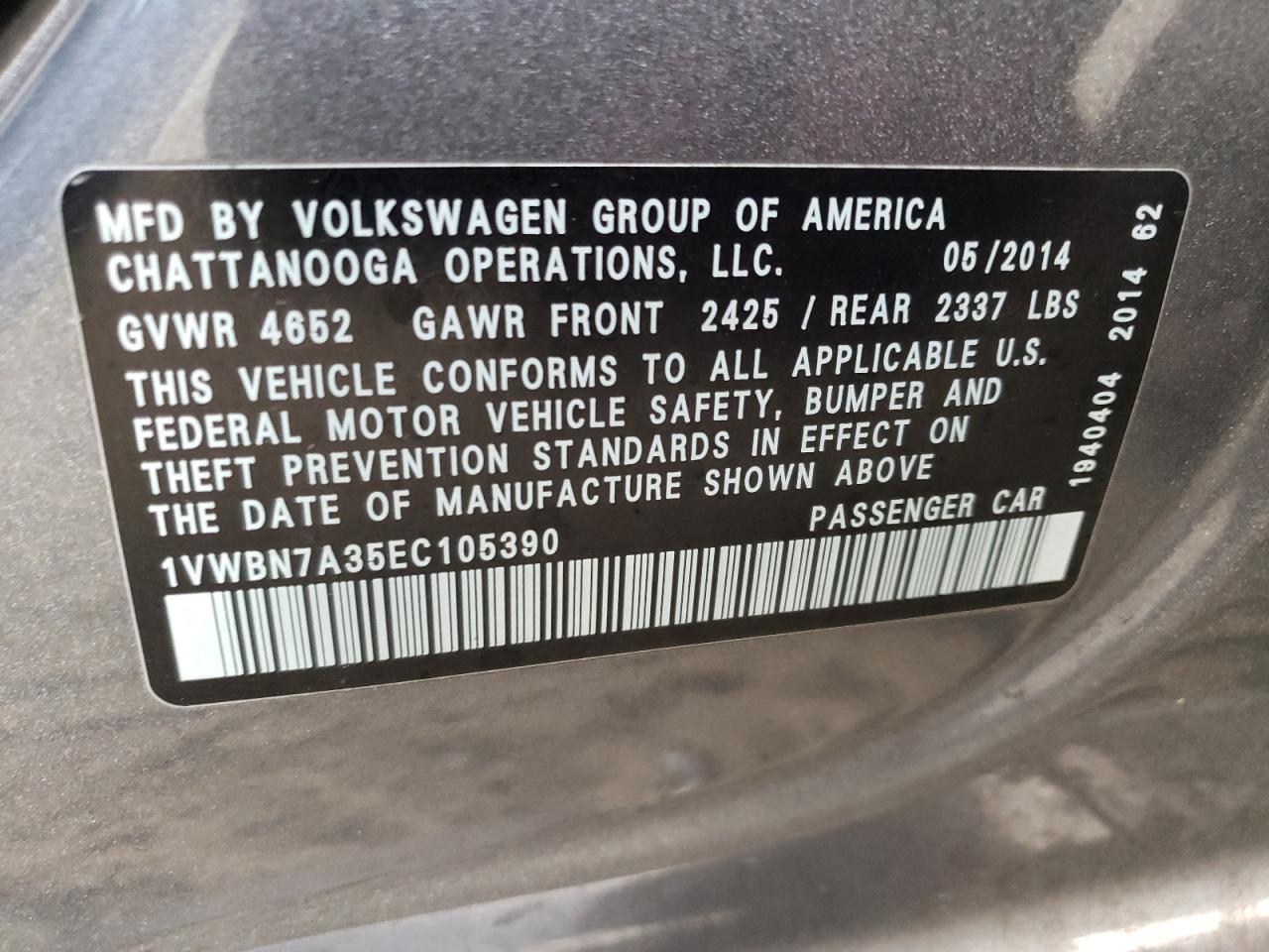 1VWBN7A35EC105390 2014 Volkswagen Passat Se