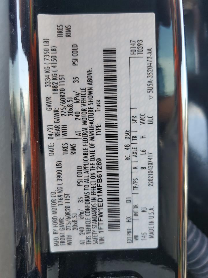 VIN: 1FTFW1ED1MFB61289 2021 FORD F-150