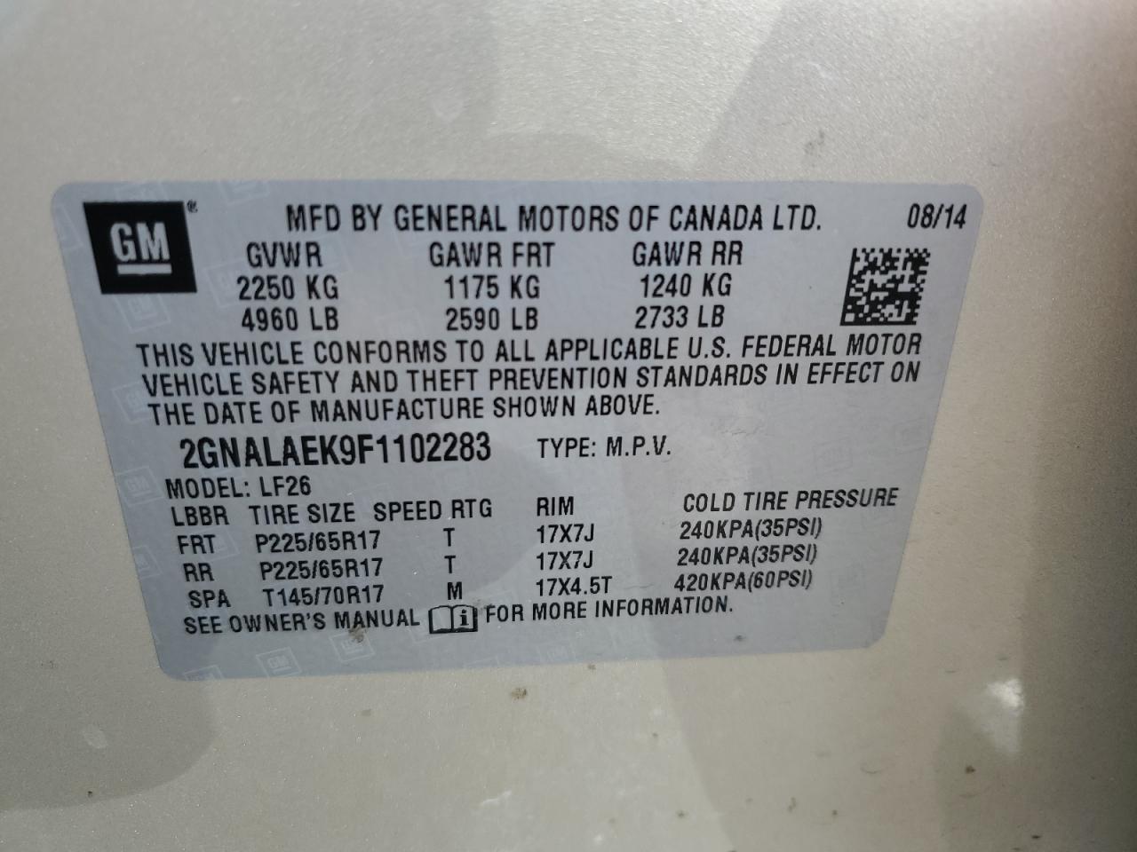 2GNALAEK9F1102283 2015 Chevrolet Equinox Ls