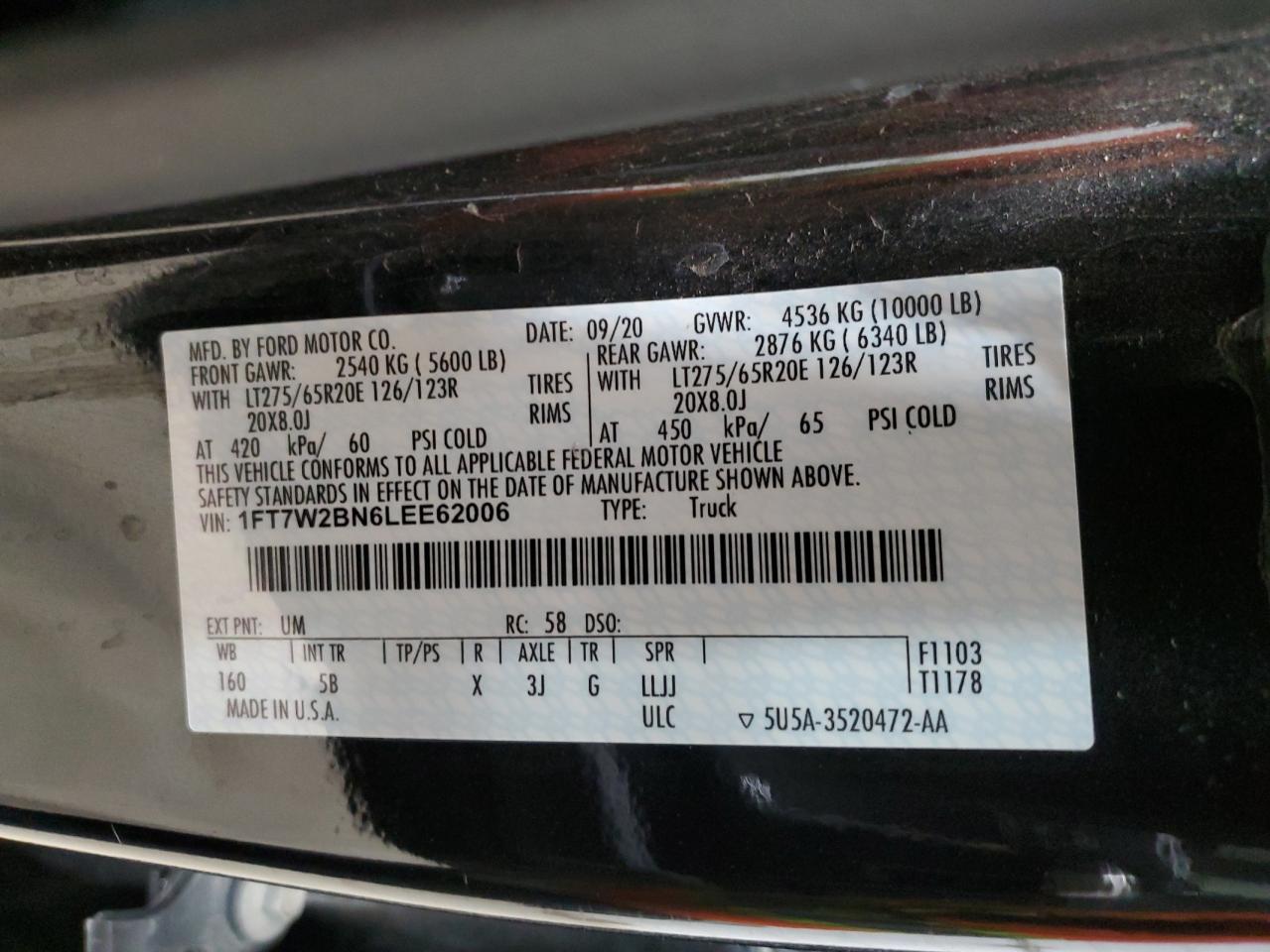 VIN: 1FT7W2BN6LEE62006 2020 FORD F250
