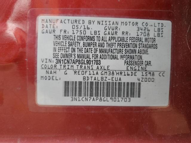 2016 NISSAN VERSA S 3N1CN7AP8GL901703