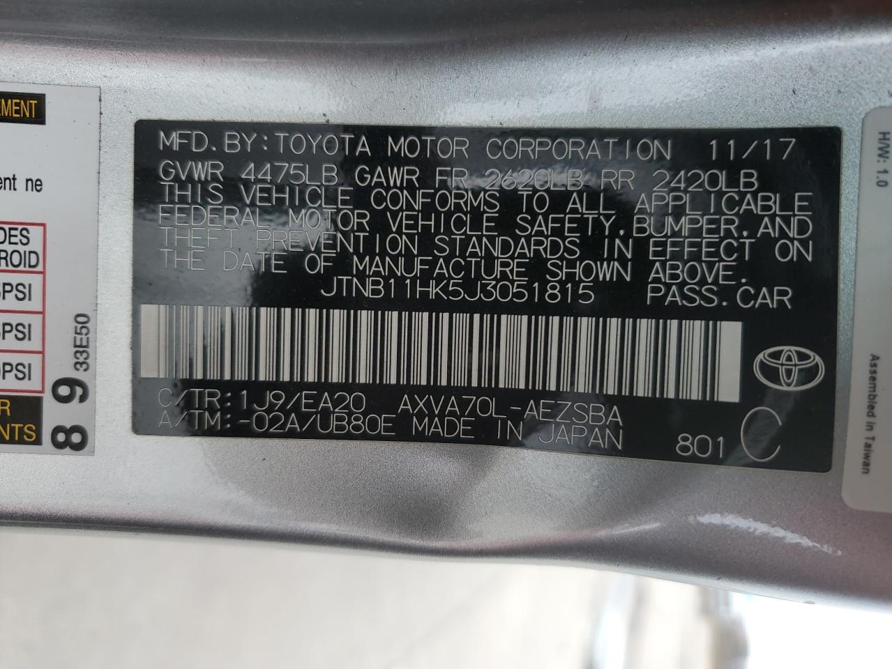 2018 Toyota Camry L 2.5L(VIN: JTNB11HK5J3051815