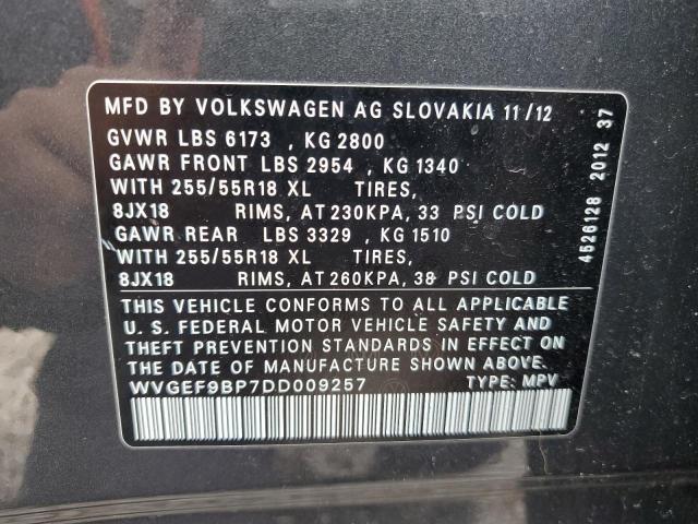2013 Volkswagen Touareg V6 VIN: WVGEF9BP7DD009257 Lot: 42369404