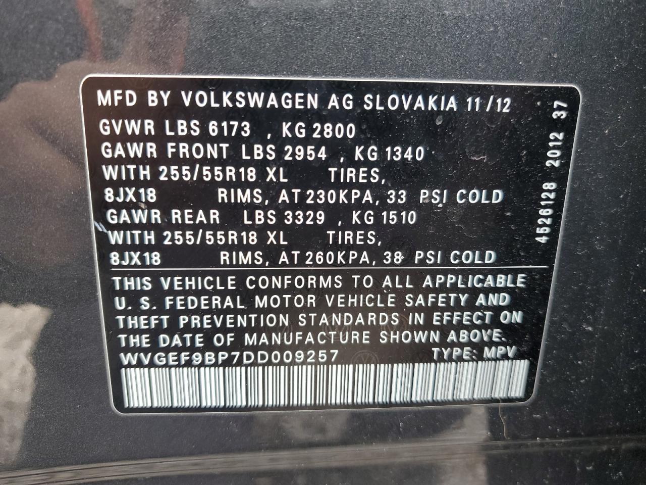 WVGEF9BP7DD009257 2013 Volkswagen Touareg V6