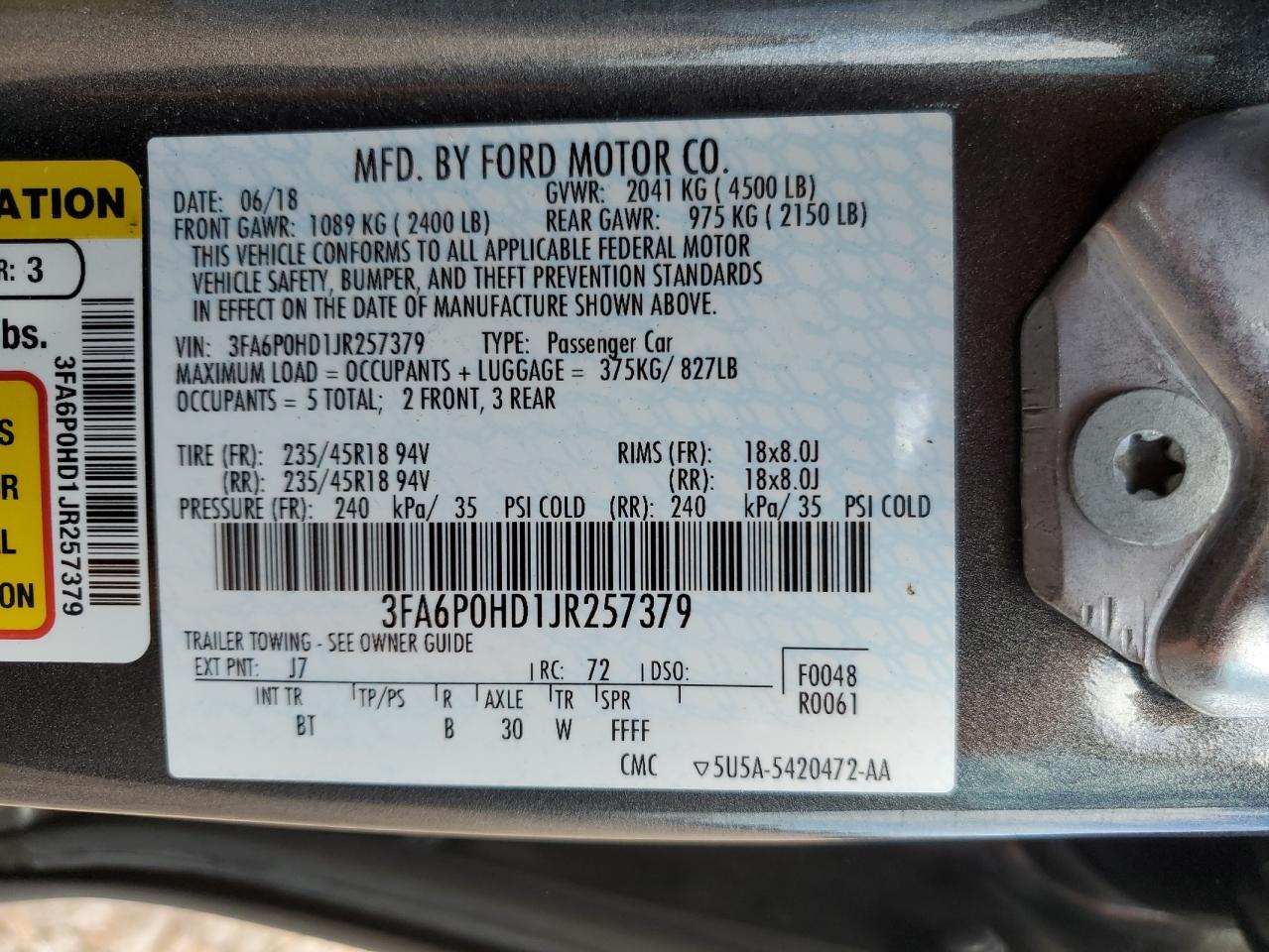 3FA6P0HD1JR257379 2018 Ford Fusion Se