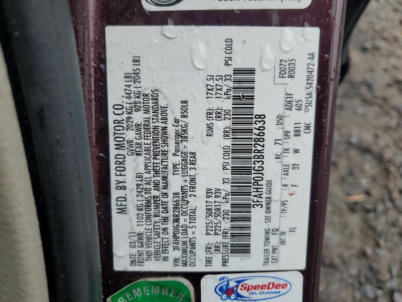 3FAHP0JG3BR286638 2011 Ford Fusion Sel