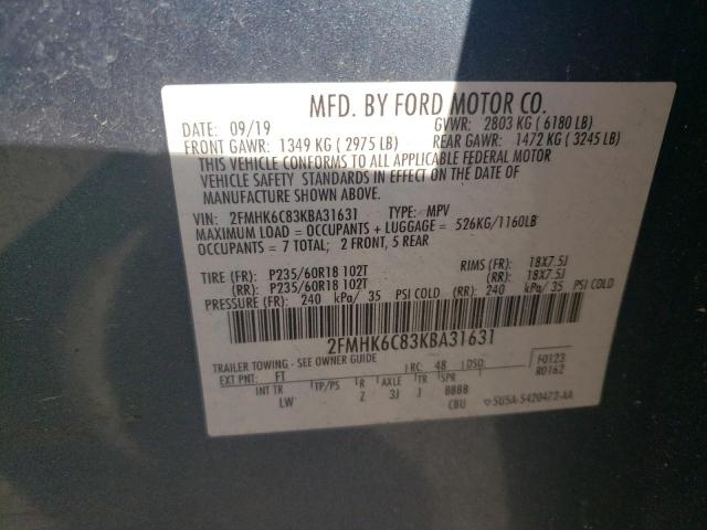 2019 Ford Flex Sel VIN: 2FMHK6C83KBA31631 Lot: 43093264