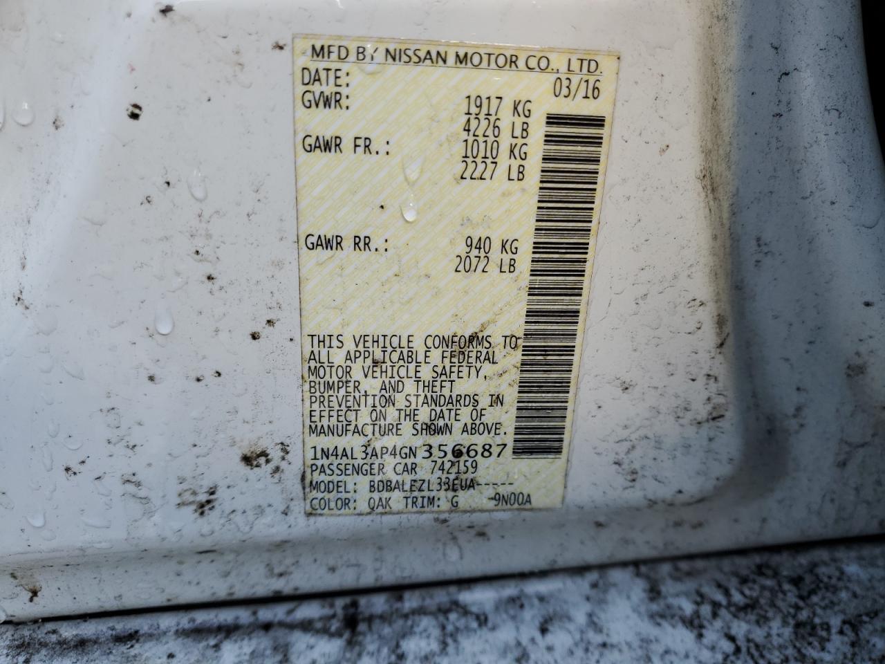 1N4AL3AP4GN356687 2016 Nissan Altima 2.5