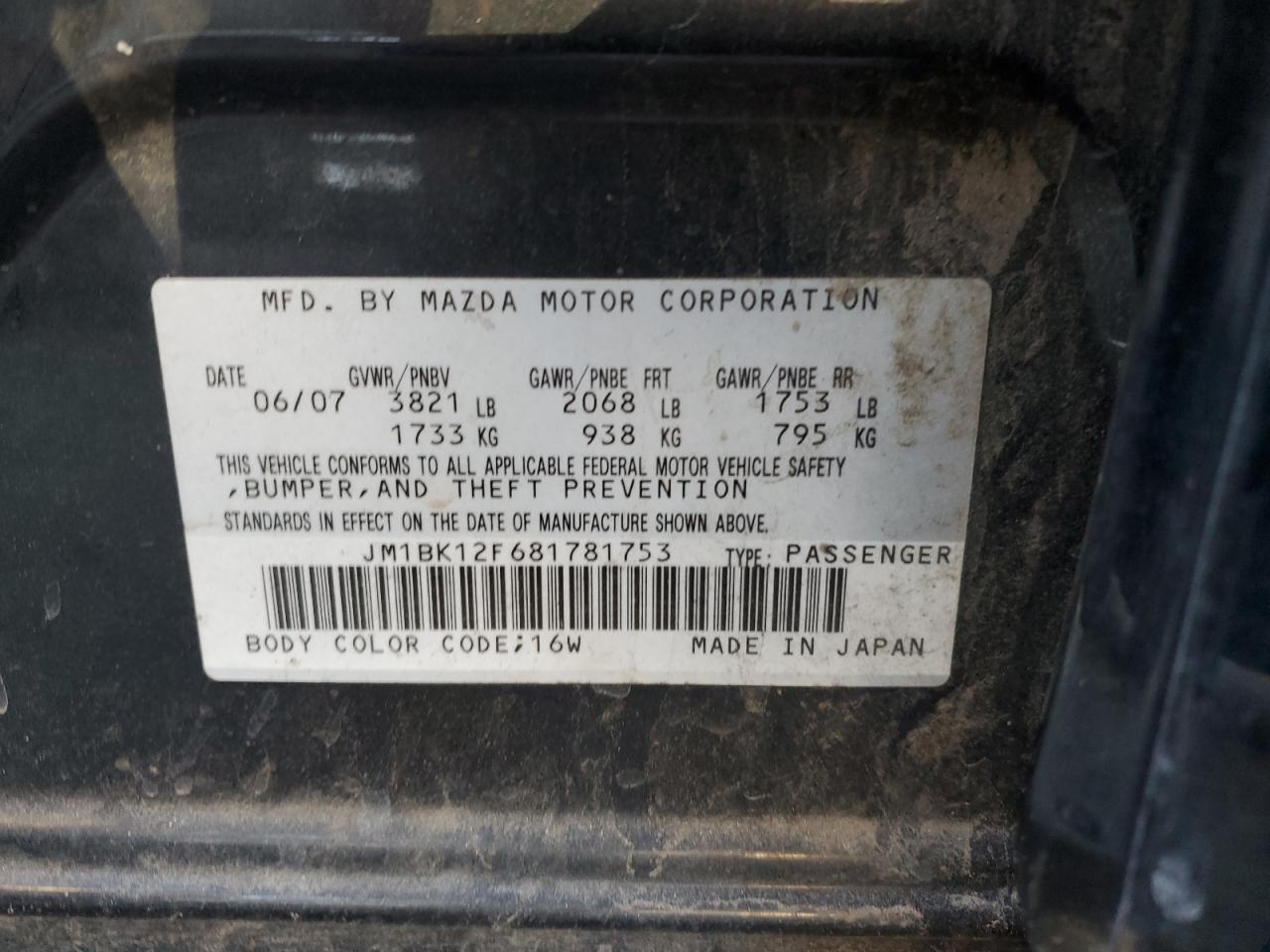 JM1BK12F681781753 2008 Mazda 3 I