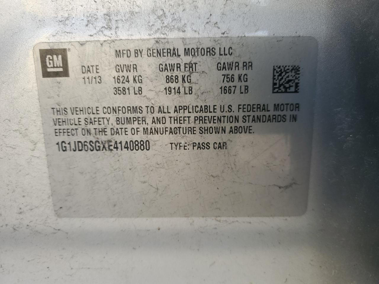 1G1JD6SGXE4140880 2014 Chevrolet Sonic Lt