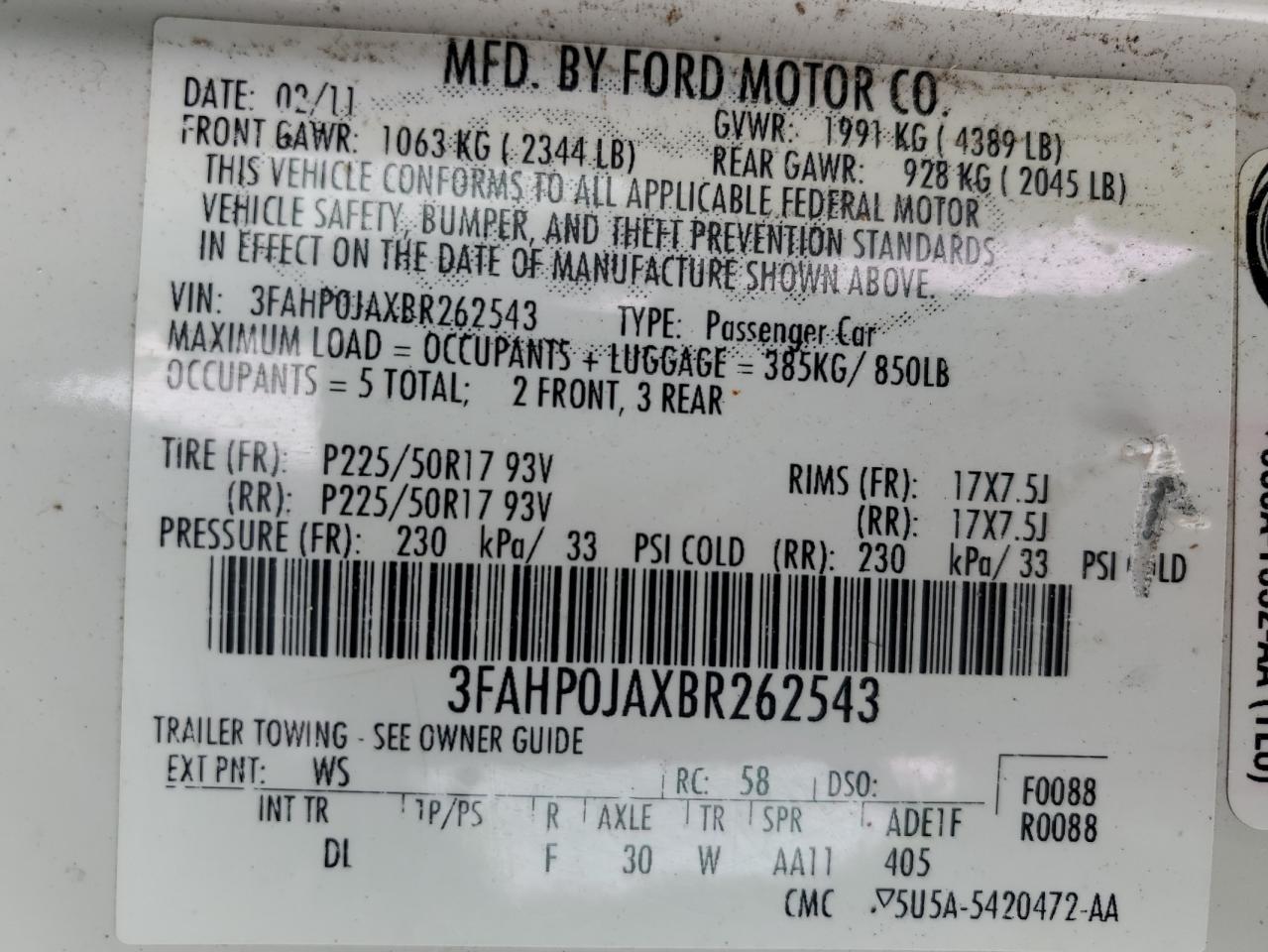 3FAHP0JAXBR262543 2011 Ford Fusion Sel