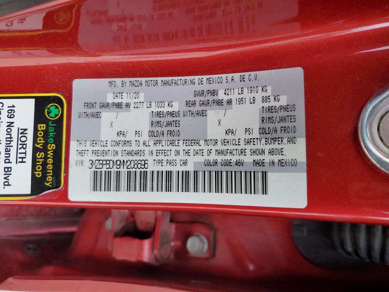 3mzbpbdm9mm208696 3MZBPBDM9MM208696 2021 Mazda 3 Premium