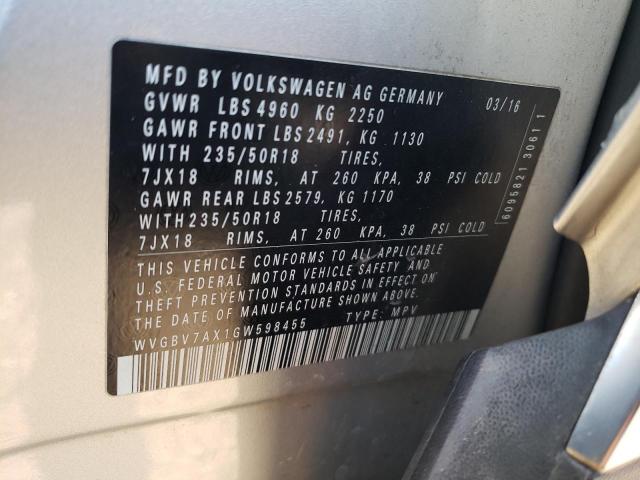 2016 VOLKSWAGEN TIGUAN S WVGBV7AX1GW598455