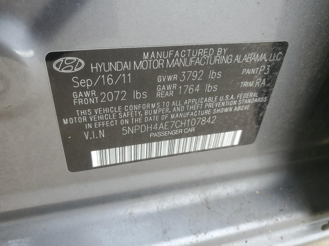 5NPDH4AE7CH107842 2012 Hyundai Elantra Gls