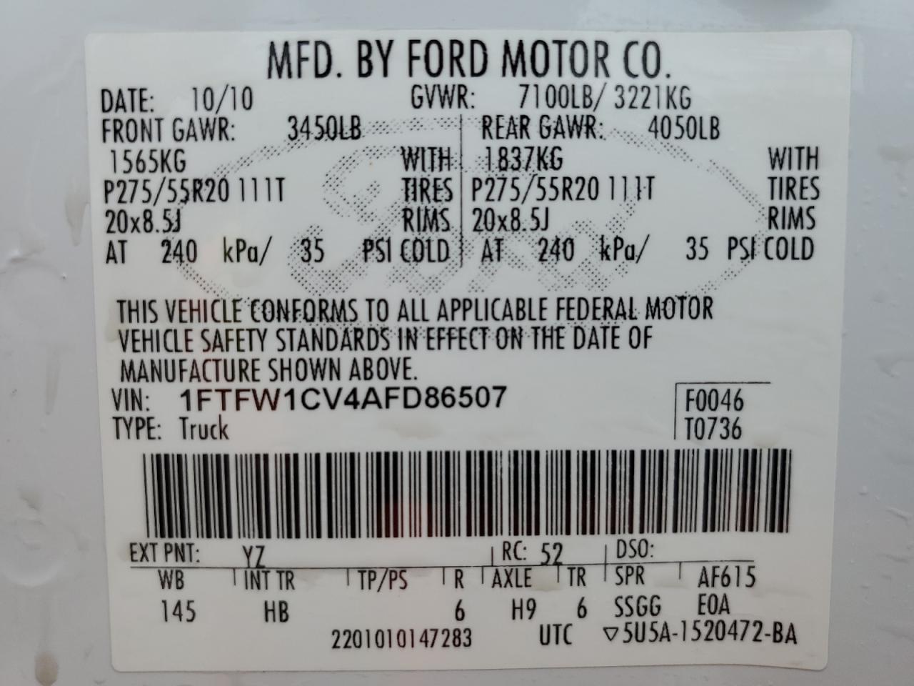 1FTFW1CV4AFD86507 2010 Ford F150 Supercrew