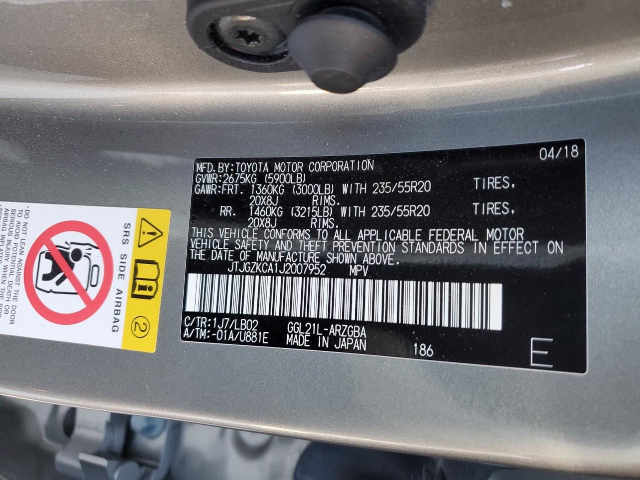 jtjgzkca1j2007952 JTJGZKCA1J2007952 2018 Lexus Rx 350 L