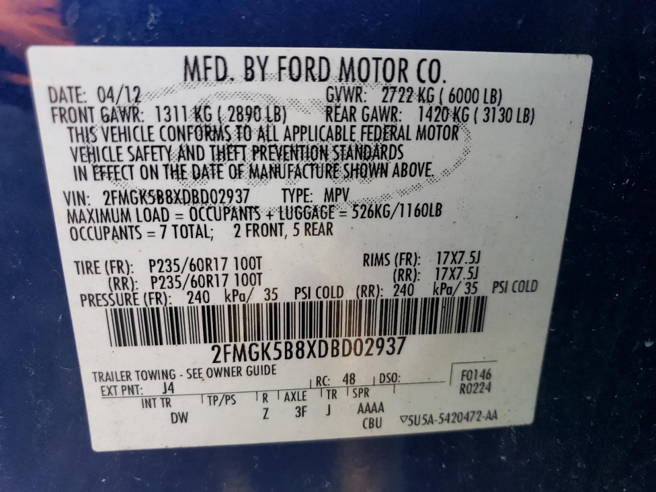 2FMGK5B8XDBD02937 2013 Ford Flex Se