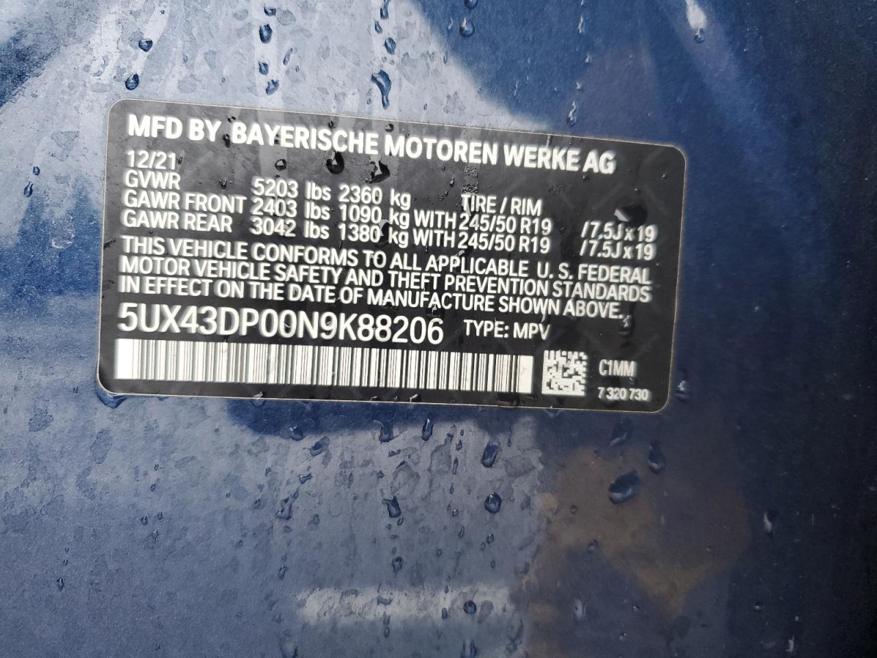 5UX43DP00N9K88206 2022 BMW X3 Sdrive30I