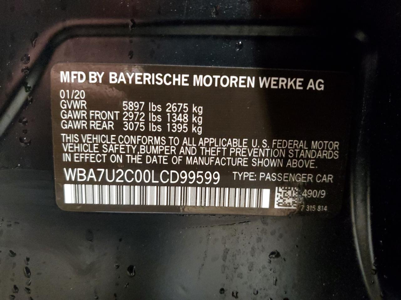 WBA7U2C00LCD99599 2020 BMW 750 Xi