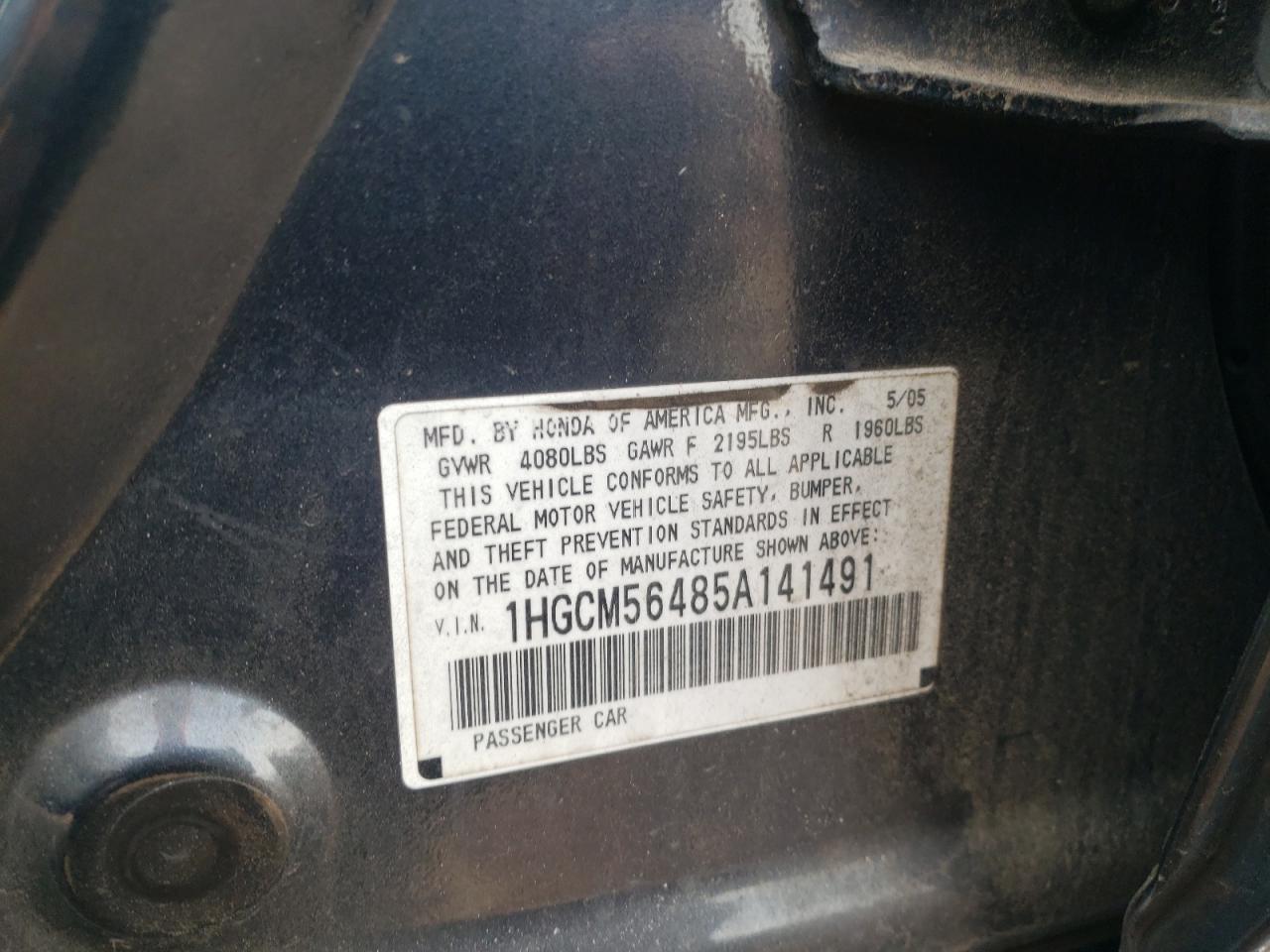 1HGCM56485A141491 2005 Honda Accord Lx