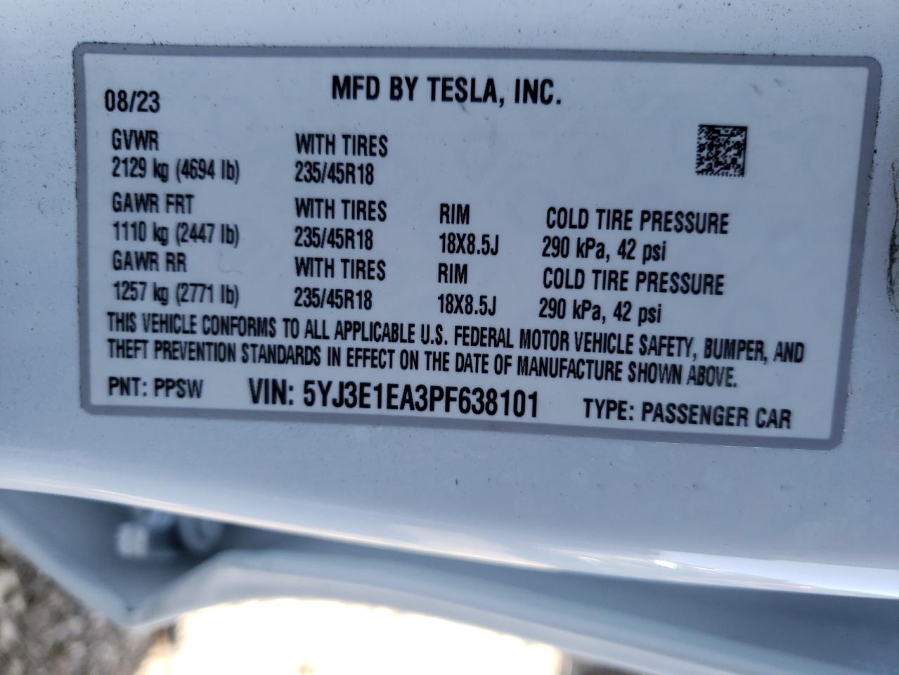 5YJ3E1EA3PF638101 2023 Tesla Model 3