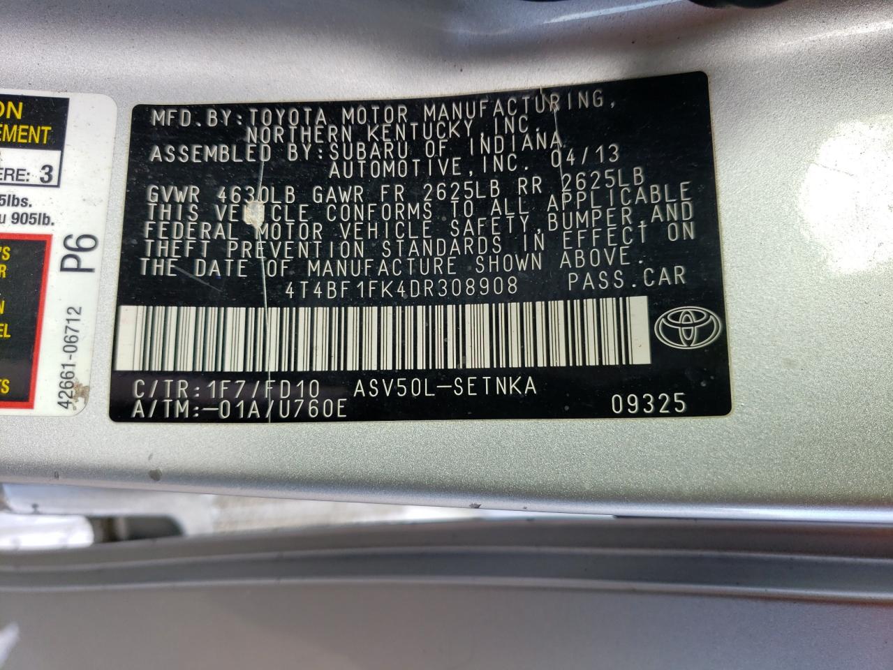 4T4BF1FK4DR308908 2013 Toyota Camry L