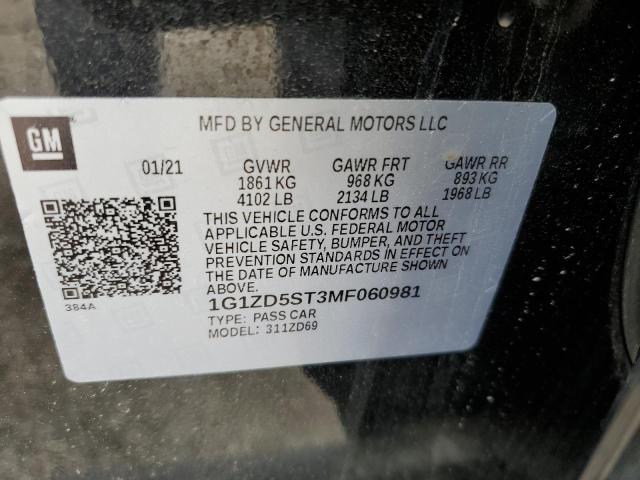 2021 Chevrolet Malibu Lt VIN: 1G1ZD5ST3MF060981 Lot: 43944244