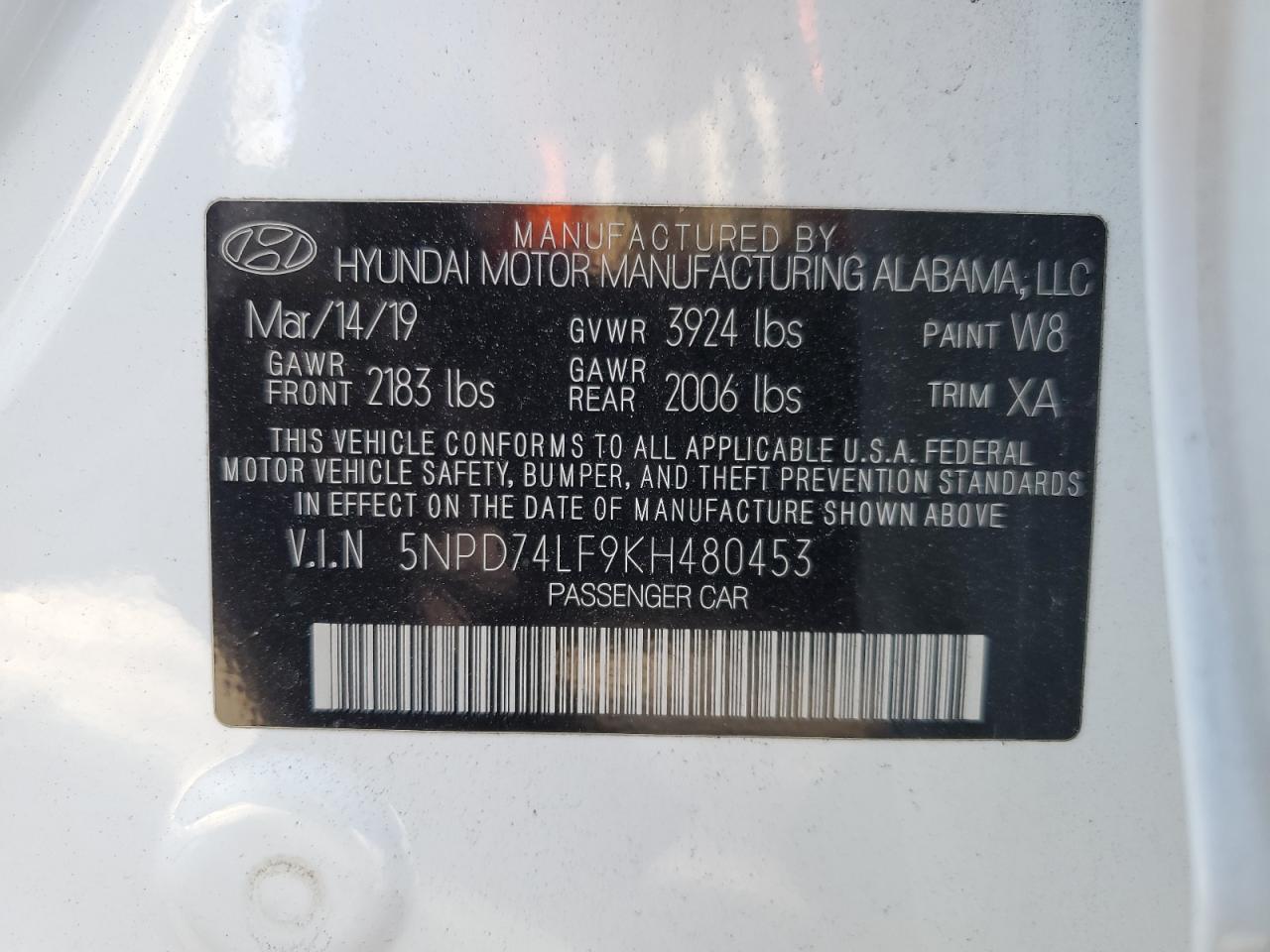 5NPD74LF9KH480453 2019 Hyundai Elantra Se