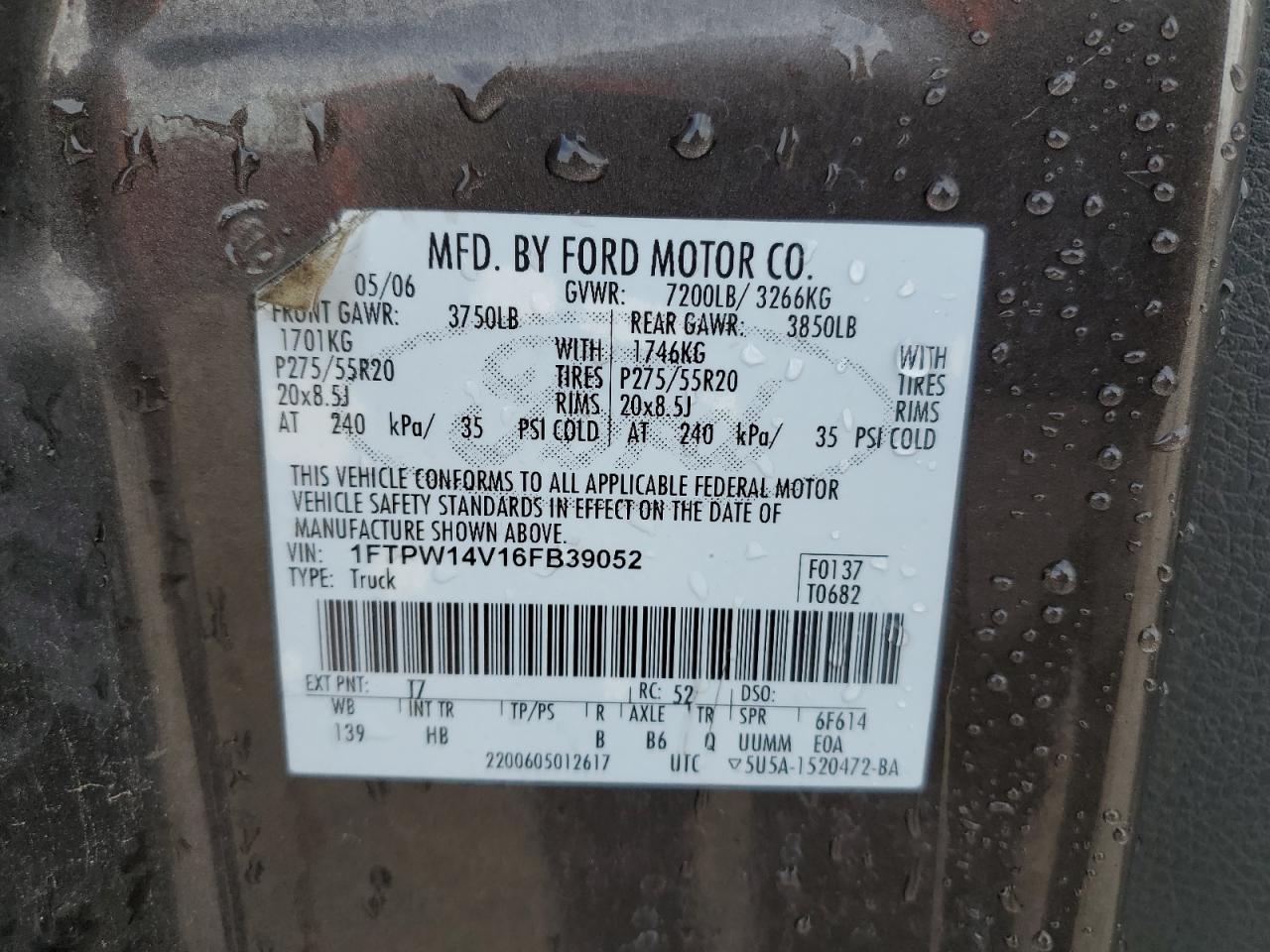 1FTPW14V16FB39052 2006 Ford F150 Supercrew