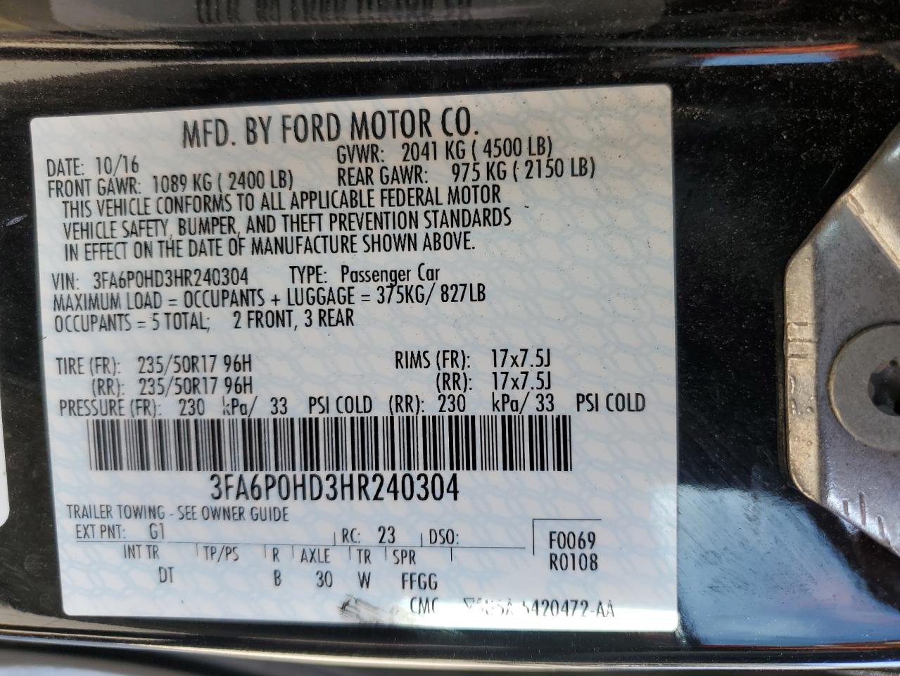 3FA6P0HD3HR240304 2017 Ford Fusion Se