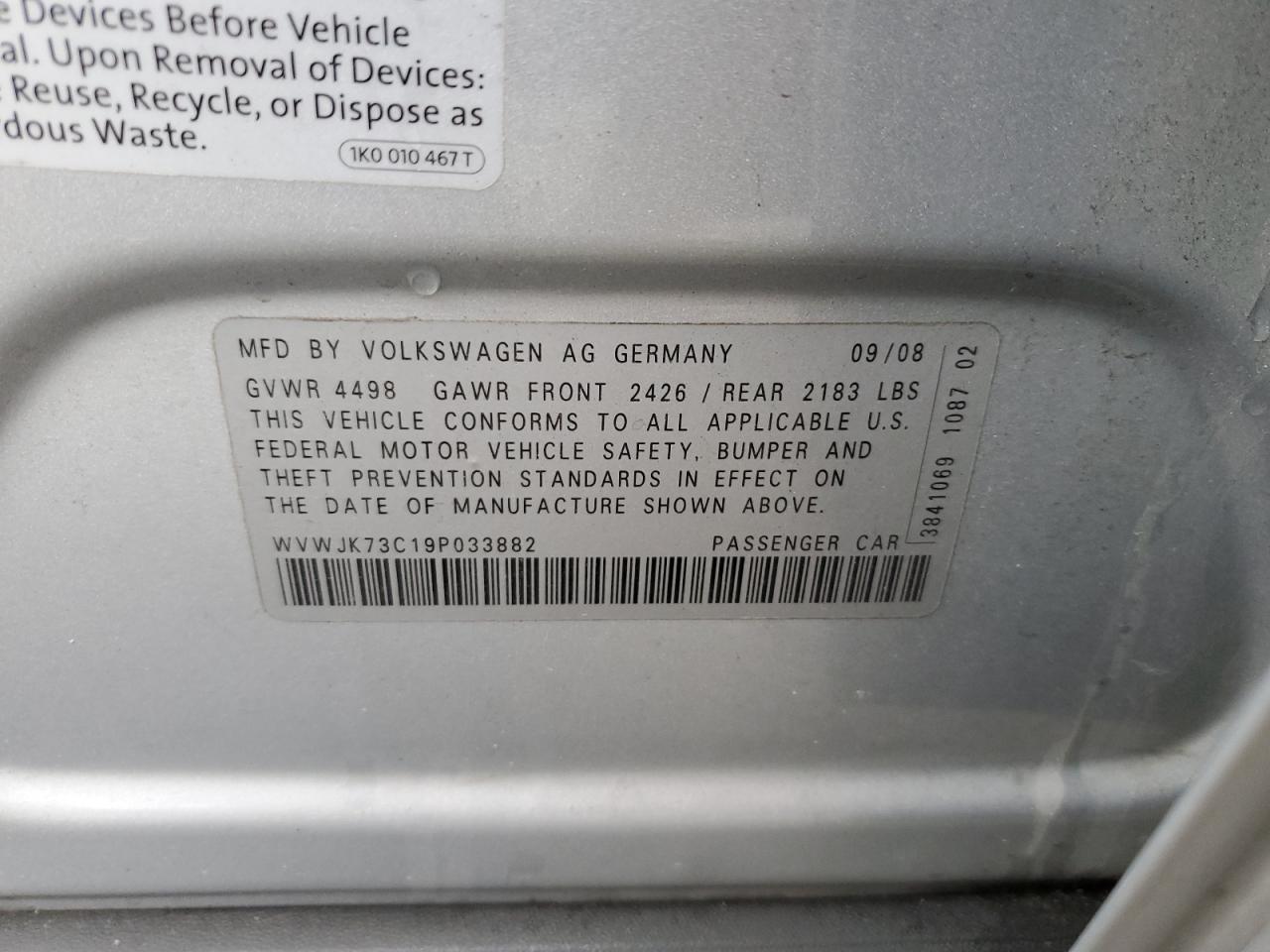 WVWJK73C19P033882 2009 Volkswagen Passat Turbo