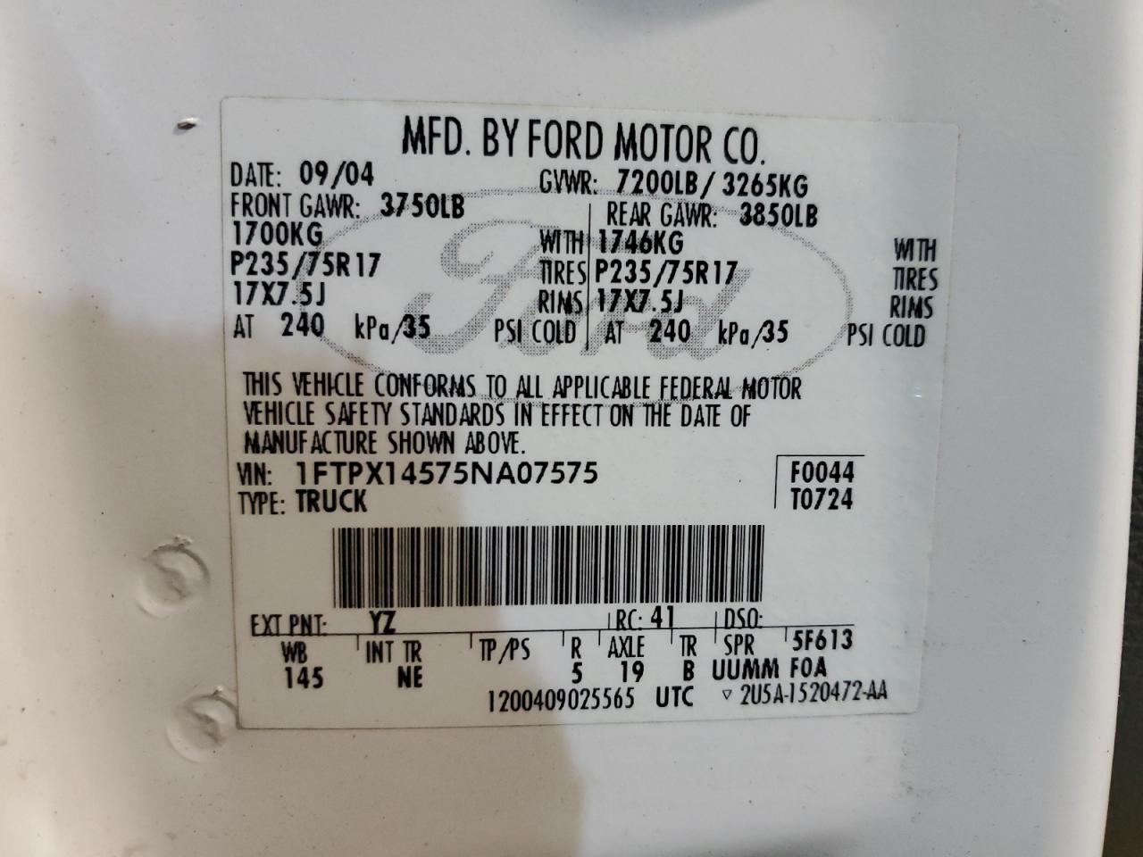 1FTPX14575NA07575 2005 Ford F150